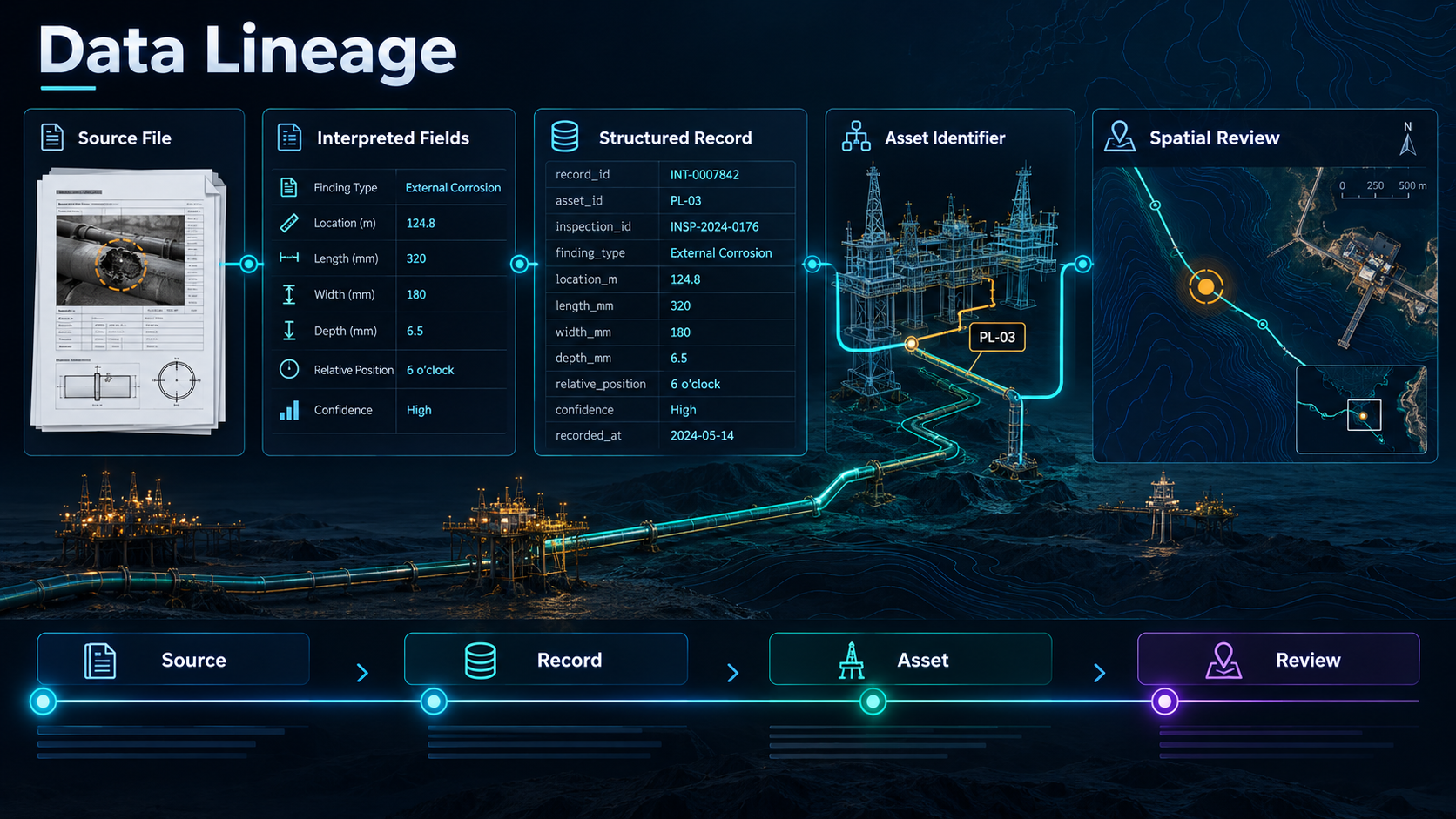 Data lineage from source to spatial review